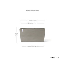 Obdélníkový truhlík Paris Wheels 100 v betonovém vzhledu s rozměry šířka 100,5 centimetrů, výška 51,8 centimetrů, objem 137 litrů.