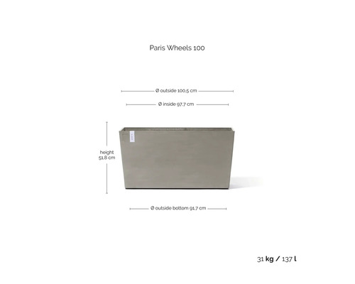 Obdélníkový truhlík Paris Wheels 100 v betonovém vzhledu s rozměry šířka 100,5 centimetrů, výška 51,8 centimetrů, objem 137 litrů.