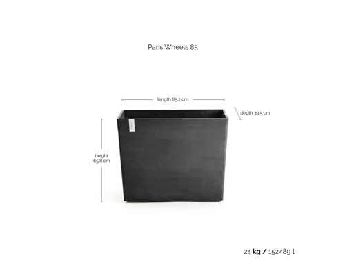 Obdélníkový květináč Paris Wheels 85, antracit, délka 85,2 centimetrů, výška 65,8 centimetrů, hloubka 39,5 centimetrů, hmotnost 24 kilogramů.