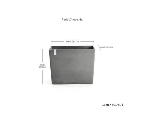 Obdélníkový truhlík ECOPOTS Paris Wheels 85 v šedé barvě, délka 85,2 centimetru, výška 65,8 centimetru, hloubka 39,5 centimetru.