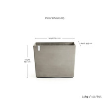 Obdélníkový květináč Paris Wheels 85, délka 85,2 centimetrů, výška 65,8 centimetrů, hloubka 39,5 centimetrů, hmotnost 24 kilogramů.