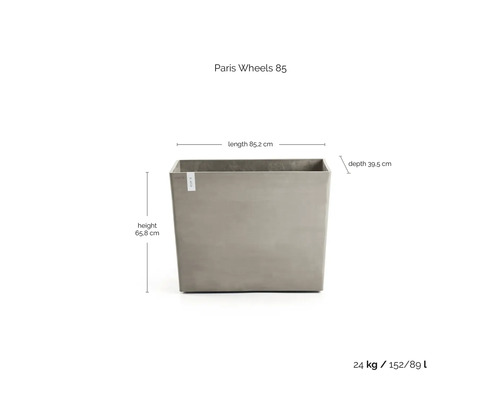 Obdélníkový květináč Paris Wheels 85, délka 85,2 centimetrů, výška 65,8 centimetrů, hloubka 39,5 centimetrů, hmotnost 24 kilogramů.