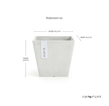 Čtvercový květináč Ecopots Rotterdam 20, délka 20,3 centimetru, hloubka 20,3 centimetru, výška 17,8 centimetru, objem 5,2 litru.