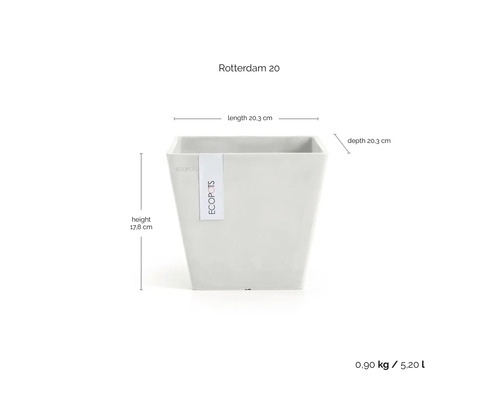 Čtvercový květináč Ecopots Rotterdam 20, délka 20,3 centimetru, hloubka 20,3 centimetru, výška 17,8 centimetru, objem 5,2 litru.