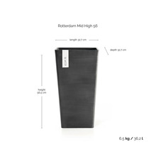 Květináč Ecopots Rotterdam Mid High 56: výška 56,5 centimetrů, délka 32,7 centimetrů, hloubka 32,7 centimetrů, objem 36,2 litrů.