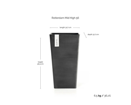 Květináč Ecopots Rotterdam Mid High 56: výška 56,5 centimetrů, délka 32,7 centimetrů, hloubka 32,7 centimetrů, objem 36,2 litrů.