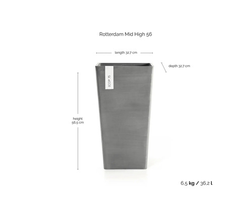 Šedý květináč Ecopots Rotterdam Mid High 56 s rozměry: výška 56,5 centimetrů, délka 32,7 centimetrů a hloubka 32,7 centimetrů.