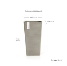 Květináč Ecopots Rotterdam Mid High 56: výška 56,5 centimetrů, délka 32,7 centimetrů, hloubka 32,7 centimetrů, objem 36,2 litrů.