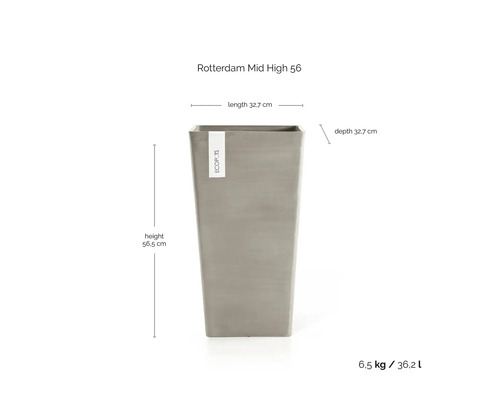 Květináč Ecopots Rotterdam Mid High 56: výška 56,5 centimetrů, délka 32,7 centimetrů, hloubka 32,7 centimetrů, objem 36,2 litrů.