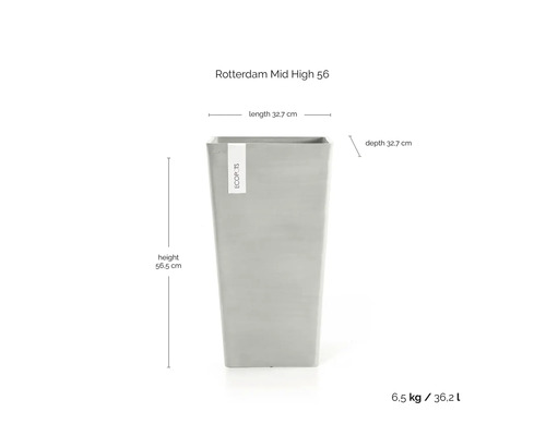 Čtvercový květináč Ecopots Rotterdam Mid High 56, výška 56,5 centimetru, délka 32,7 centimetru, hloubka 32,7 centimetru.