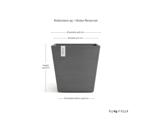 Šedý čtvercový květináč ECOPOTS Rotterdam 45, zásobník vody, výška 44,4 centimetrů, průměr 43,6 centimetrů, 8,5 kilogramů, 63,5 litrů.