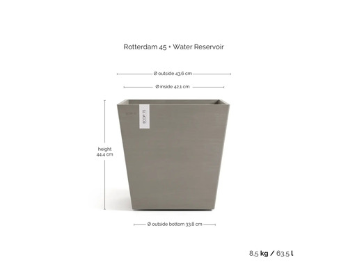 Květináč Ecopots Rotterdam 45 s rezervoárem na vodu, výška 44,4 centimetrů, šířka 43,6 centimetrů, váha 8,5 kilogramů, objem 63,5 litrů.