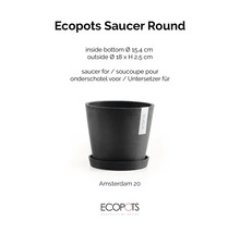 Ecopots kulatá podmiska pro květináč Amsterdam 20, vnější průměr 18 centimetrů, výška 2,5 centimetrů.