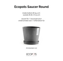 Ecopots šedá kulatá podmiska pod květináč Amsterdam 20, plast, vnější průměr 18 centimetrů, výška 2,5 centimetru.