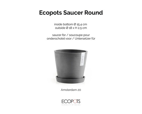 Ecopots šedá kulatá podmiska pod květináč Amsterdam 20, plast, vnější průměr 18 centimetrů, výška 2,5 centimetru.
