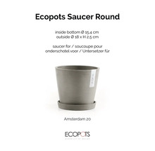 Kulatá šedá podmiska Ecopots Saucer Round pro Amsterdam 20, vnější průměr 18 centimetrů, výška 2,5 centimetrů. Ecopots Logo.