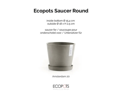 Kulatá šedá podmiska Ecopots Saucer Round pro Amsterdam 20, vnější průměr 18 centimetrů, výška 2,5 centimetrů. Ecopots Logo.