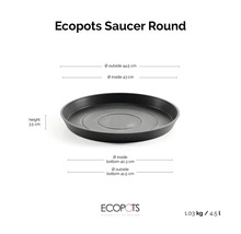 Kulatá podmiska Ecopots pro květináče s rozměry: výška 3,5 centimetru, vnější průměr 44,5 centimetru.
