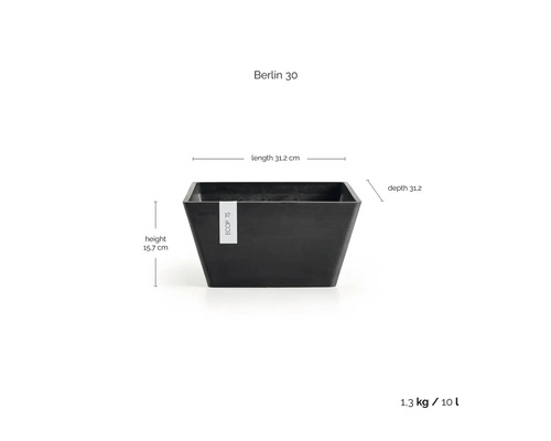Černý čtvercový květináč Ecopots Berlin 30, délka 31,2 centimetrů, hloubka 31,2 centimetrů, výška 15,7 centimetrů, objem 10 litrů.