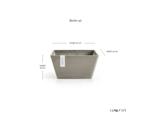 Květináč Ecopots Berlin 40, délka 41 centimetrů, hloubka 41 centimetrů, výška 18 centimetrů, objem 21 litrů, hmotnost 1,9 kilogramů.