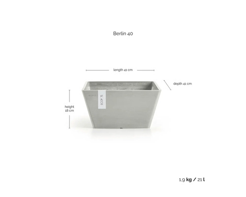 Truhlík Ecopots Berlin 40, délka 41 centimetrů, hloubka 41 centimetrů, výška 18 centimetrů, objem 21 litrů, hmotnost 1,9 kilogramu.