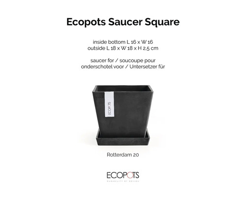 Čtvercová podmiska Ecopots pro květináč Rotterdam 20 a Ecopots Logo.
