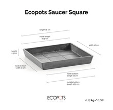 Čtvercová podmiska Ecopots Saucer Square s rozměry 18 krát 18 krát 2,5 centimetru.