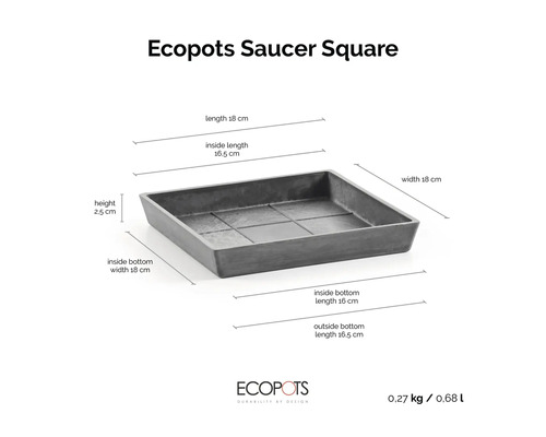 Čtvercová podmiska Ecopots Saucer Square s rozměry 18 krát 18 krát 2,5 centimetru.