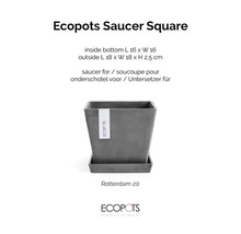 Čtvercová podmiska Ecopots pro Rotterdam 20, vnitřní 16 krát 16 centimetrů, vnější 18 krát 18 krát 2,5 centimetrů, plast. Ecopots Logo.