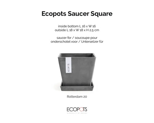 Čtvercová podmiska Ecopots pro Rotterdam 20, vnitřní 16 krát 16 centimetrů, vnější 18 krát 18 krát 2,5 centimetrů, plast. Ecopots Logo.