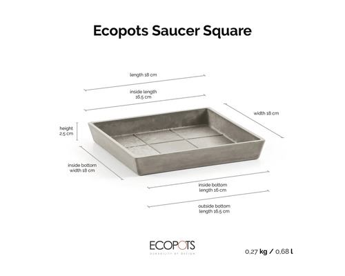 Čtvercová podmiska Ecopots Saucer Square s rozměry: délka 18 centimetrů, šířka 18 centimetrů, výška 2,5 centimetrů.