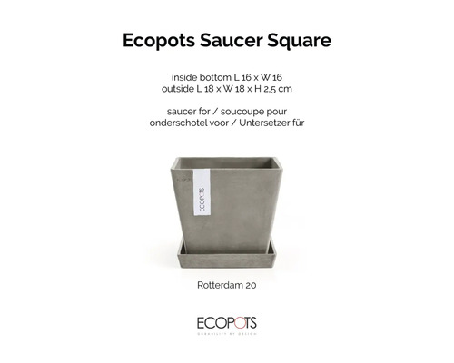 Ecopots Saucer Square čtvercová podmiska pro květináč Rotterdam 20 z recyklovaného plastu 18 krát 18 krát 2,5 centimetru Ecopots Logo.
