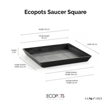 Podmiska Ecopots Saucer Square s rozměry: 28 na 28 na 3 centimetry, vnitřní rozměr 26 centimetrů, hmotnost 0,5 kilogramu, objem 1,65 litru.