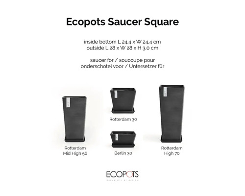 Ecopots Saucer Square, čtvercová podmiska pro květináče Rotterdam a Berlin, rozměry přibližně 28 krát 28 krát 3 centimetry. Ecopots Logo.