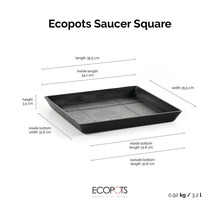 Čtvercová podmiska Ecopots Saucer Square, 35,5 krát 35,5 krát 3,5 centimetru, objem 3,2 litru, hmotnost 0,92 kilogramu.