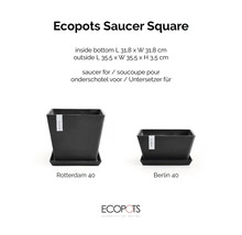 Černá čtvercová podmiska Ecopots pro Rotterdam 40 a Berlin 40, vnitřní 31,8 krát 31,8 centimetrů, vnější 35,5 krát 35,5 krát 3,5 centimetrů.