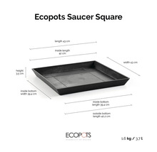 Čtvercová podmiska s rozměry 43 krát 43 centimetrů, výška 3,5 centimetru, hmotnost 1,6 kilogramu, objem 3,7 litru. Ecopots Logo.
