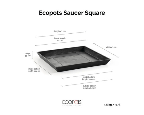Čtvercová podmiska s rozměry 43 krát 43 centimetrů, výška 3,5 centimetru, hmotnost 1,6 kilogramu, objem 3,7 litru. Ecopots Logo.