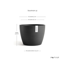 Květináč Ecopots Stockholm 31: výška 23,5 centimetru, vnější průměr 31 centimetrů, objem 12,9 litru, hmotnost 2 kilogramy.