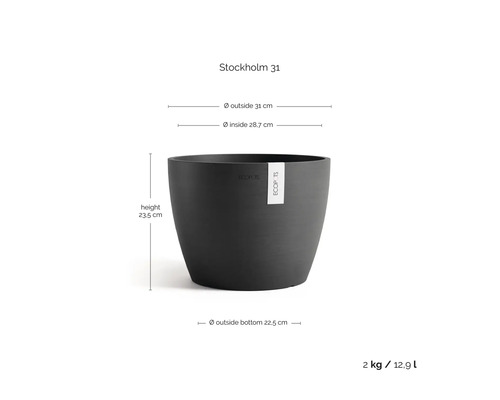 Květináč Ecopots Stockholm 31: výška 23,5 centimetru, vnější průměr 31 centimetrů, objem 12,9 litru, hmotnost 2 kilogramy.