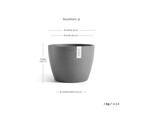 Květináč Ecopots Stockholm 31, kulatý, šedý, průměr 31 centimetrů, výška 23,5 centimetru, hmotnost 2 kilogramy, objem 12,9 litru.