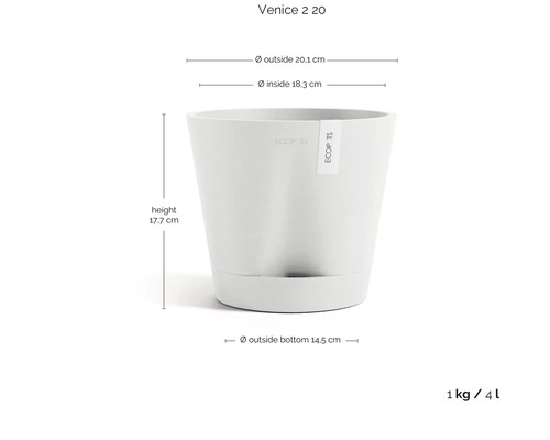 Květináč ECOPOTS Venice 2 20, výška 17,7 centimetru, vnější průměr nahoře 20,1 centimetru, dole 14,5 centimetru, 4 litry.