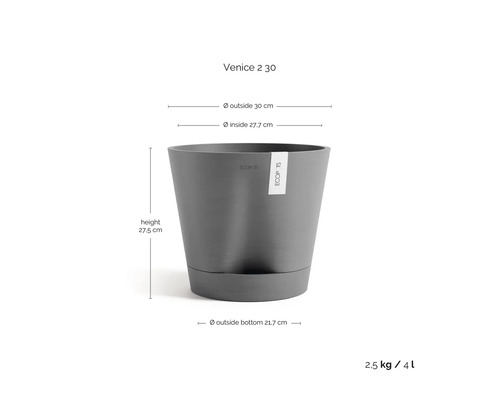 Květináč Ecopots Venice 2 30: vnější průměr 30 centimetrů, vnitřní 27,7 centimetrů, výška 27,5 centimetrů, objem 4 litry.