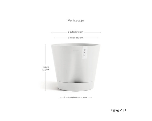 Květináč Ecopots Venice 2 30: výška 27,5, horní průměr 30, vnitřní 27,7, dolní 21,7 centimetrů, hmotnost 2,5 kilogramů, objem 4 litry.