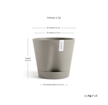 Květináč Ecopots Venice 2 s rozměry: výška 27,5 centimetrů, vnější průměr 30 centimetrů, vnitřní průměr 27,7 centimetrů, objem 4 litry.