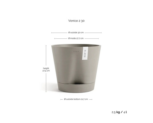 Květináč Ecopots Venice 2 s rozměry: výška 27,5 centimetrů, vnější průměr 30 centimetrů, vnitřní průměr 27,7 centimetrů, objem 4 litry.