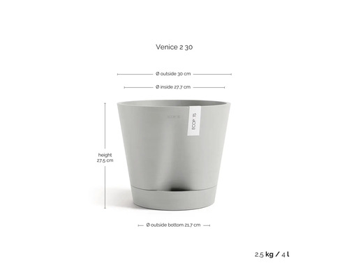 Květináč Ecopots Venice 2 30 s podmiskou, výška 27,5 centimetru, vnější průměr 30 centimetrů, objem 4 litry.