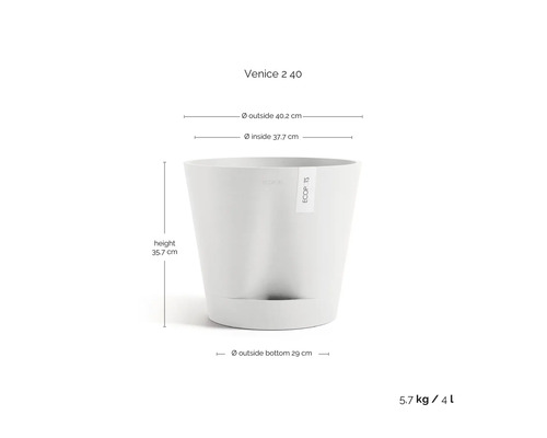 Květináč Ecopots Venice 2 40 s rozměry: výška 35,7 centimetru, vnější průměr nahoře 40,2 centimetru, průměr dna 29 centimetrů.