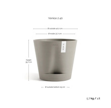 Šedý květináč Ecopots Venice 2 40: vnější 40,2 centimetru, výška 35,7 centimetru, dno 29 centimetrů, 5,7 kilogramu, 4 litry.