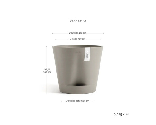 Šedý květináč Ecopots Venice 2 40: vnější 40,2 centimetru, výška 35,7 centimetru, dno 29 centimetrů, 5,7 kilogramu, 4 litry.